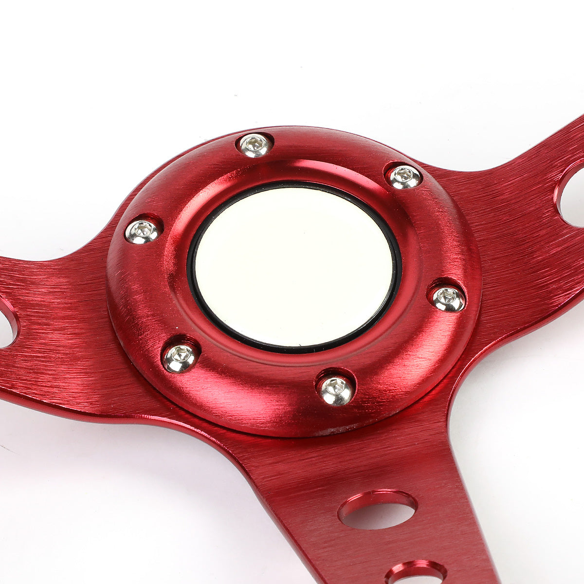 VOLANTE STEERING WHEEL - 350MM - PVC BLACK LEATHER - 6-BOLT - ALUMINUM - RED CENTER W/ RED STRIPE