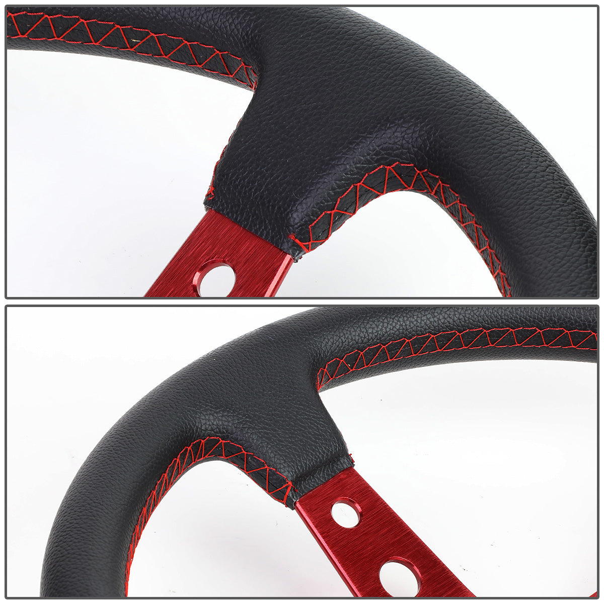 VOLANTE STEERING WHEEL - 350MM - PVC BLACK LEATHER - 6-BOLT - ALUMINUM - RED CENTER W/ RED STRIPE