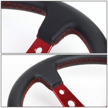 VOLANTE STEERING WHEEL - 350MM - PVC BLACK LEATHER - 6-BOLT - ALUMINUM - RED CENTER W/ RED STRIPE