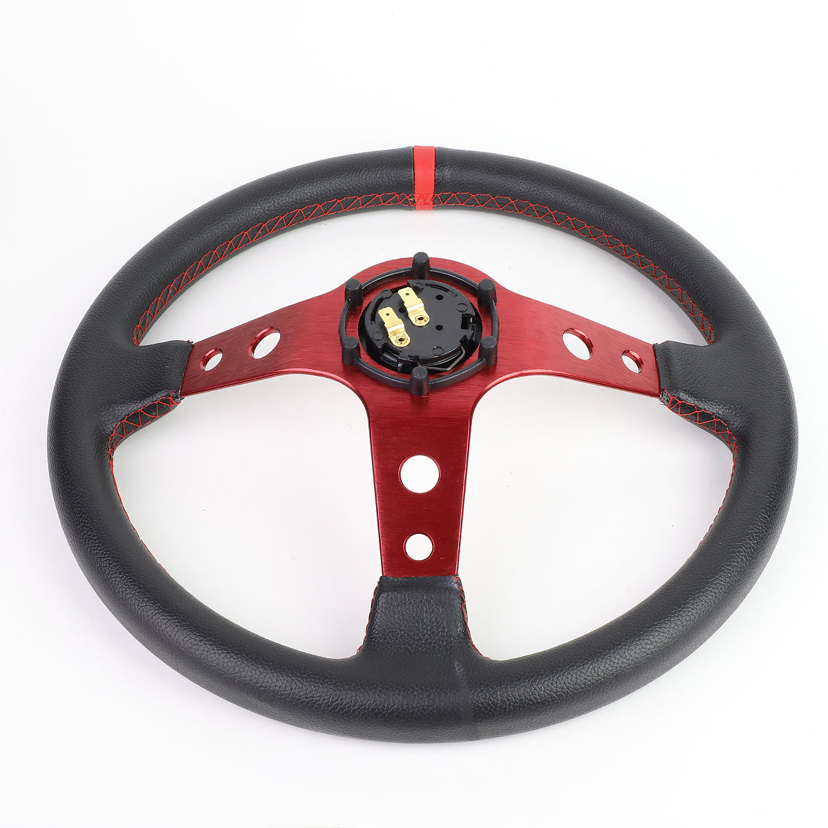 VOLANTE STEERING WHEEL - 350MM - PVC BLACK LEATHER - 6-BOLT - ALUMINUM - RED CENTER W/ RED STRIPE