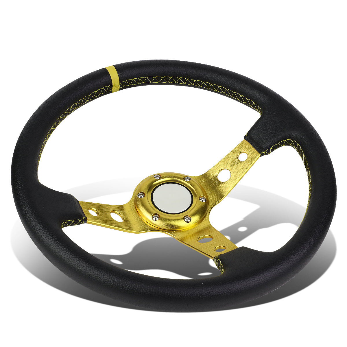 VOLANTE STEERING WHEEL - 350MM - PVC BLACK LEATHER - 6-BOLT - ALUMINUM - GOLD CENTER W/ GOLD STRIPE