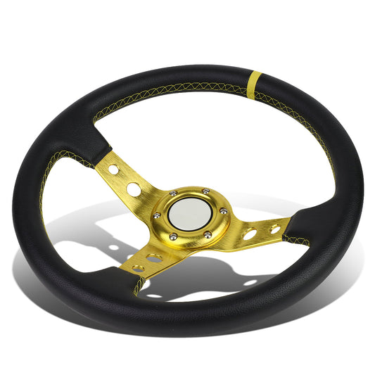 VOLANTE STEERING WHEEL - 350MM - PVC BLACK LEATHER - 6-BOLT - ALUMINUM - GOLD CENTER W/ GOLD STRIPE