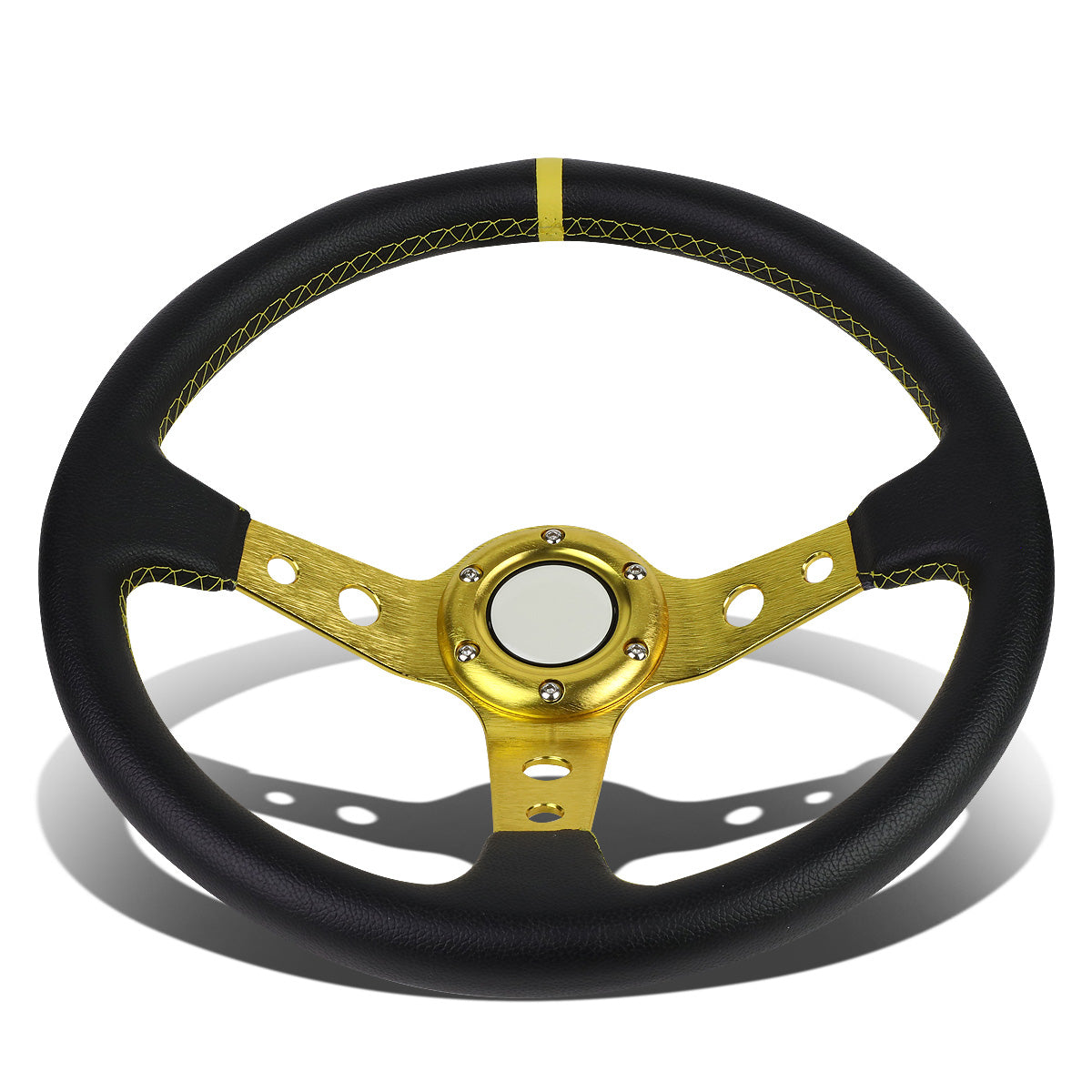 VOLANTE STEERING WHEEL - 350MM - PVC BLACK LEATHER - 6-BOLT - ALUMINUM - GOLD CENTER W/ GOLD STRIPE