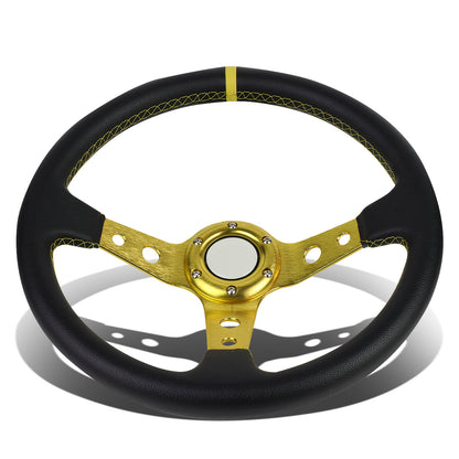 VOLANTE STEERING WHEEL - 350MM - PVC BLACK LEATHER - 6-BOLT - ALUMINUM - GOLD CENTER W/ GOLD STRIPE