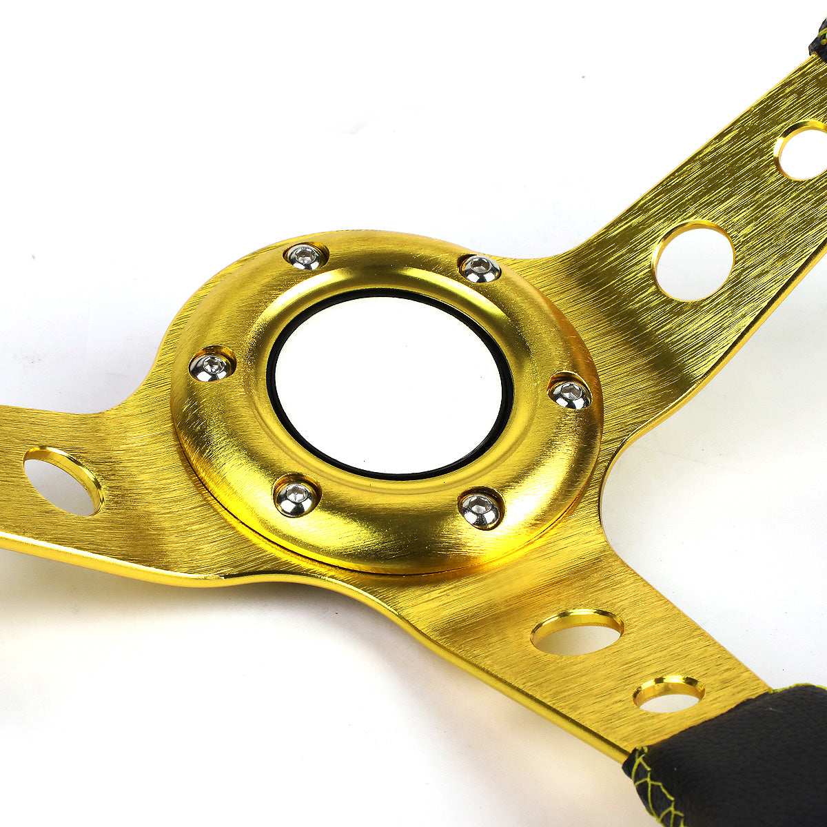VOLANTE STEERING WHEEL - 350MM - PVC BLACK LEATHER - 6-BOLT - ALUMINUM - GOLD CENTER W/ GOLD STRIPE