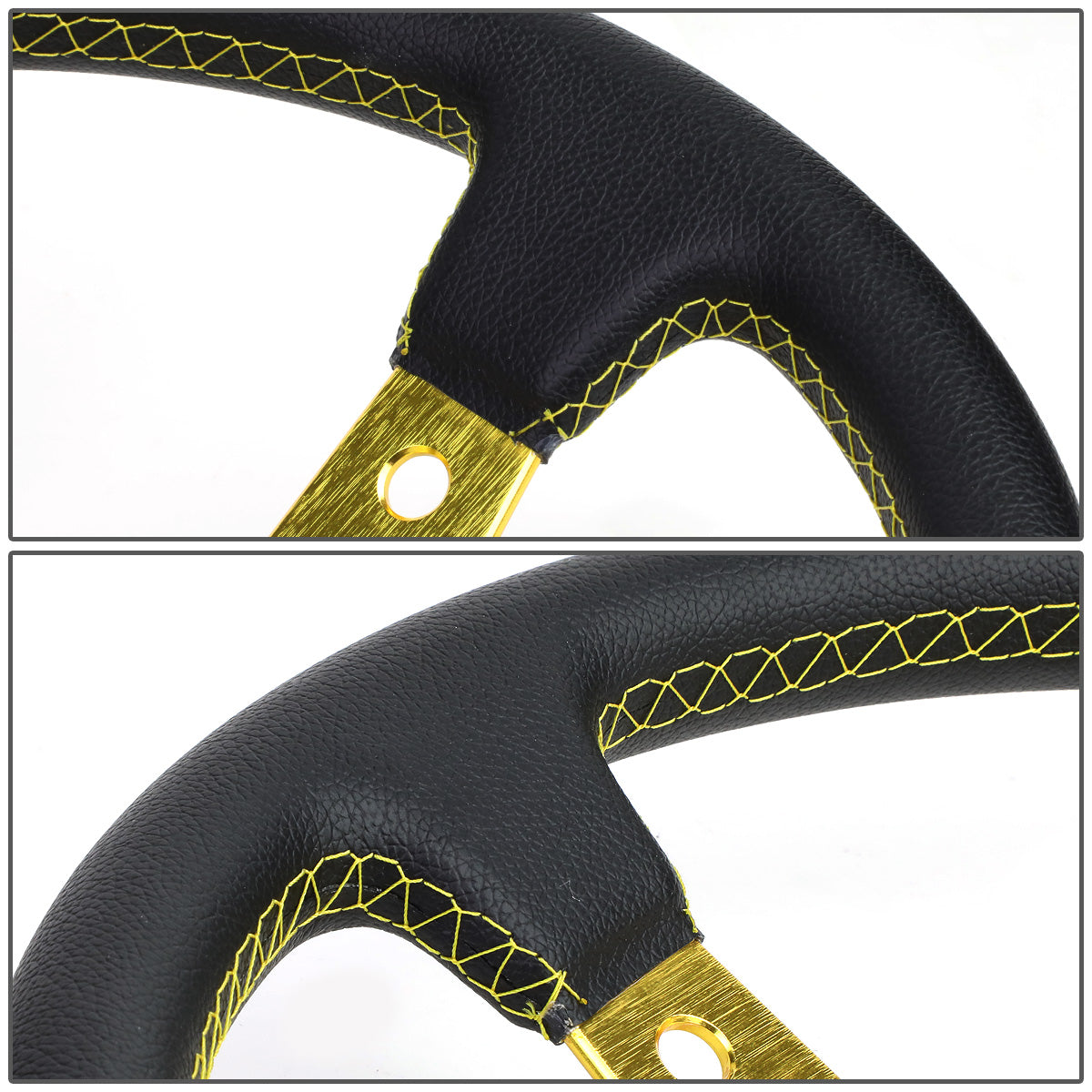 VOLANTE STEERING WHEEL - 350MM - PVC BLACK LEATHER - 6-BOLT - ALUMINUM - GOLD CENTER W/ GOLD STRIPE