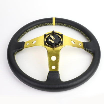 VOLANTE STEERING WHEEL - 350MM - PVC BLACK LEATHER - 6-BOLT - ALUMINUM - GOLD CENTER W/ GOLD STRIPE