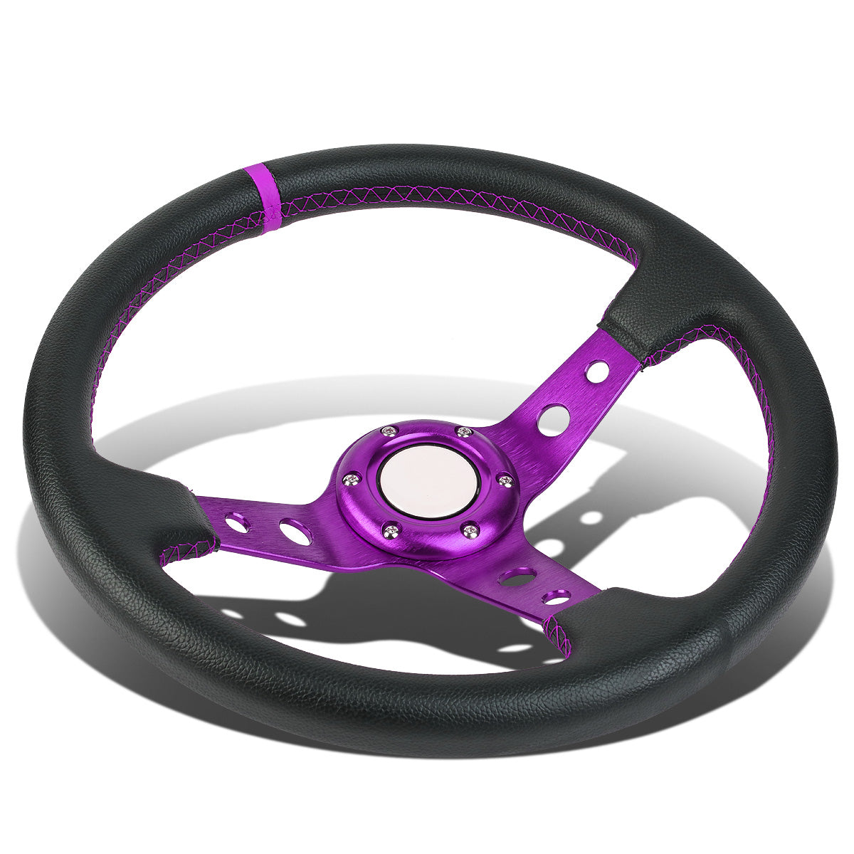 VOLANTE STEERING WHEEL - 350MM - PVC BLACK LEATHER - 6-BOLT - ALUMINUM - PURPLE CENTER W/ PURPLE STRIPE
