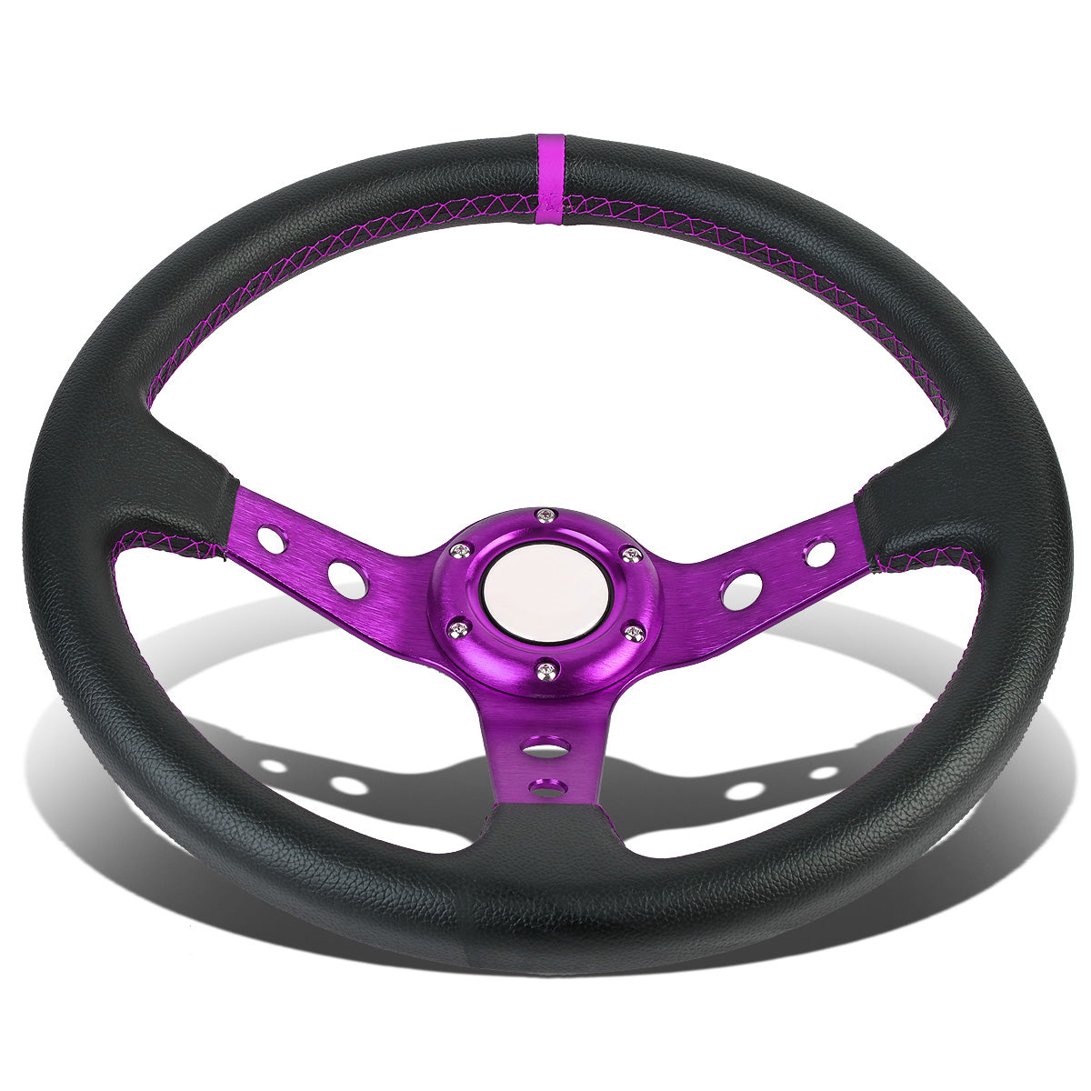 VOLANTE STEERING WHEEL - 350MM - PVC BLACK LEATHER - 6-BOLT - ALUMINUM - PURPLE CENTER W/ PURPLE STRIPE