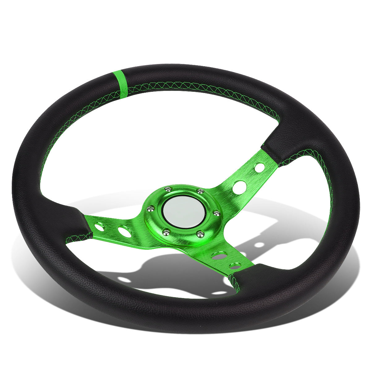 VOLANTE STEERING WHEEL - 350MM - PVC BLACK LEATHER - 6-BOLT - ALUMINUM - GREEN CENTER W/ GREEN STRIPE