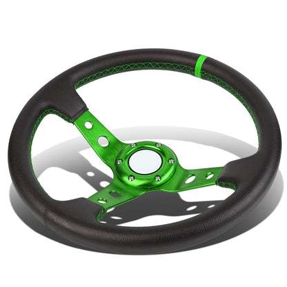 VOLANTE STEERING WHEEL - 350MM - PVC BLACK LEATHER - 6-BOLT - ALUMINUM - GREEN CENTER W/ GREEN STRIPE