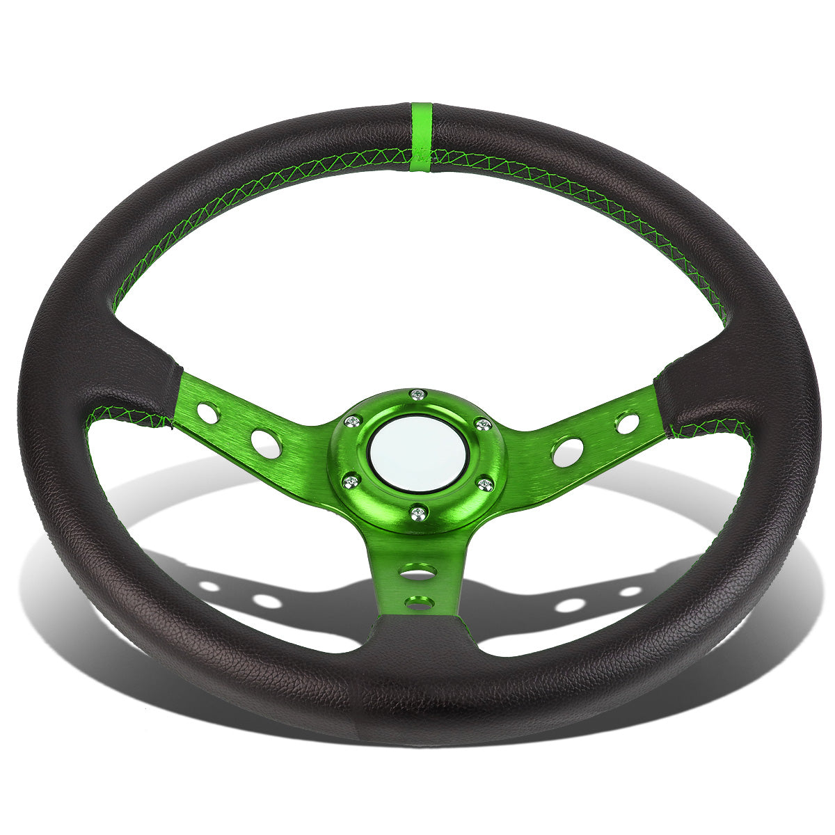 VOLANTE STEERING WHEEL - 350MM - PVC BLACK LEATHER - 6-BOLT - ALUMINUM - GREEN CENTER W/ GREEN STRIPE