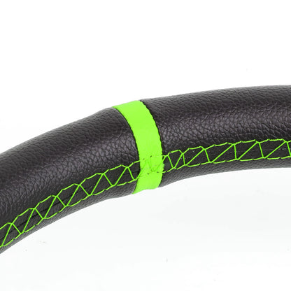 VOLANTE STEERING WHEEL - 350MM - PVC BLACK LEATHER - 6-BOLT - ALUMINUM - GREEN CENTER W/ GREEN STRIPE
