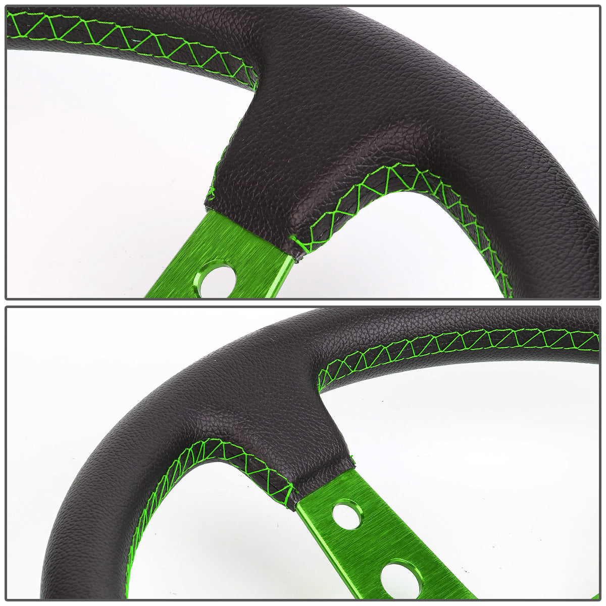 VOLANTE STEERING WHEEL - 350MM - PVC BLACK LEATHER - 6-BOLT - ALUMINUM - GREEN CENTER W/ GREEN STRIPE