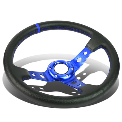 VOLANTE STEERING WHEEL - 350MM - PVC BLACK LEATHER - 6-BOLT - ALUMINUM - BLUE CENTER W/ BLUE STRIPE