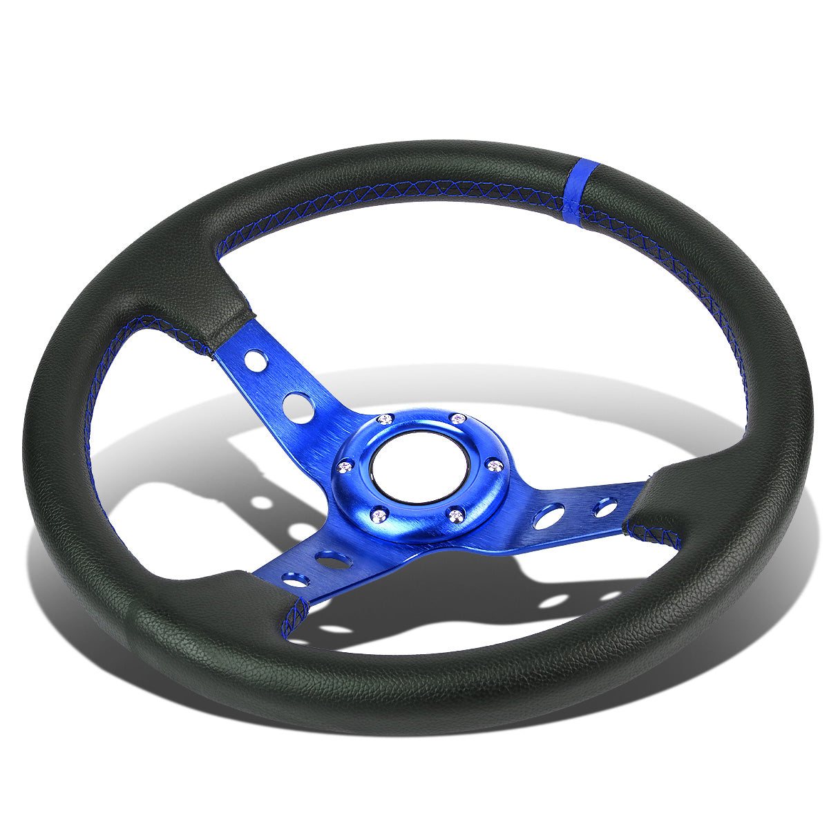 VOLANTE STEERING WHEEL - 350MM - PVC BLACK LEATHER - 6-BOLT - ALUMINUM - BLUE CENTER W/ BLUE STRIPE