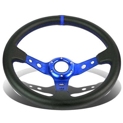 VOLANTE STEERING WHEEL - 350MM - PVC BLACK LEATHER - 6-BOLT - ALUMINUM - BLUE CENTER W/ BLUE STRIPE