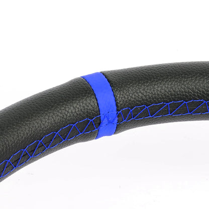 VOLANTE STEERING WHEEL - 350MM - PVC BLACK LEATHER - 6-BOLT - ALUMINUM - BLUE CENTER W/ BLUE STRIPE