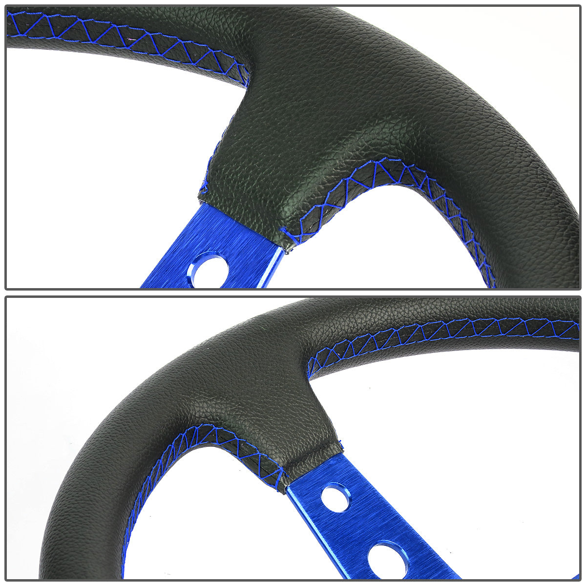 VOLANTE STEERING WHEEL - 350MM - PVC BLACK LEATHER - 6-BOLT - ALUMINUM - BLUE CENTER W/ BLUE STRIPE