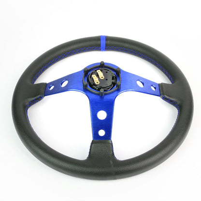 VOLANTE STEERING WHEEL - 350MM - PVC BLACK LEATHER - 6-BOLT - ALUMINUM - BLUE CENTER W/ BLUE STRIPE