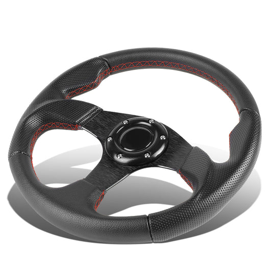VOLANTE STEERING WHEEL - 320MM - PVC BLACK LEATHER - THUMB GRIPS - 6-BOLT - ALUMINUM - BLACK CENTER W/ RED STITCH