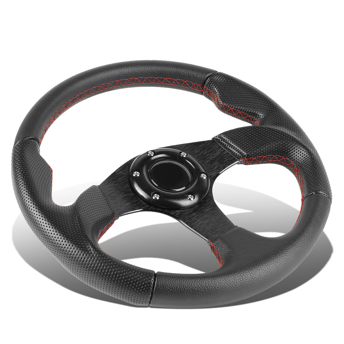 VOLANTE STEERING WHEEL - 320MM - PVC BLACK LEATHER - THUMB GRIPS - 6-BOLT - ALUMINUM - BLACK CENTER W/ RED STITCH