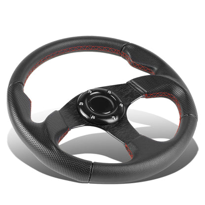 VOLANTE STEERING WHEEL - 320MM - PVC BLACK LEATHER - THUMB GRIPS - 6-BOLT - ALUMINUM - BLACK CENTER W/ RED STITCH