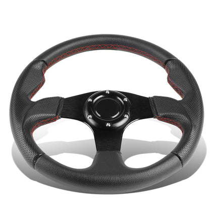 VOLANTE STEERING WHEEL - 320MM - PVC BLACK LEATHER - THUMB GRIPS - 6-BOLT - ALUMINUM - BLACK CENTER W/ RED STITCH