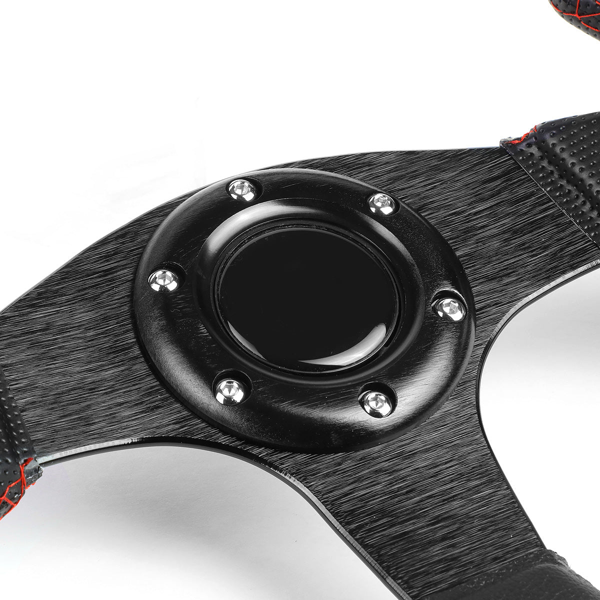 VOLANTE STEERING WHEEL - 320MM - PVC BLACK LEATHER - THUMB GRIPS - 6-BOLT - ALUMINUM - BLACK CENTER W/ RED STITCH