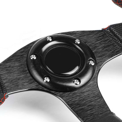 VOLANTE STEERING WHEEL - 320MM - PVC BLACK LEATHER - THUMB GRIPS - 6-BOLT - ALUMINUM - BLACK CENTER W/ RED STITCH