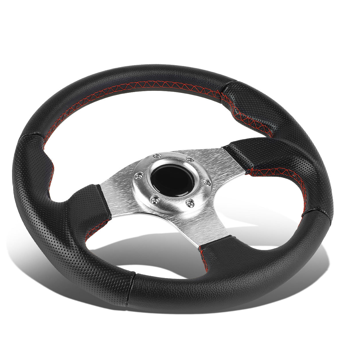 VOLANTE STEERING WHEEL - 320MM - PVC BLACK LEATHER - THUMB GRIPS - 6-BOLT - ALUMINUM - SILVER CENTER W/ RED STITCH
