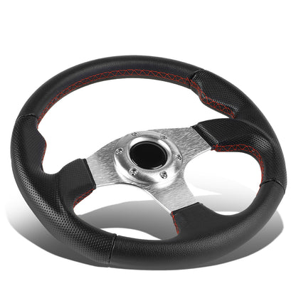 VOLANTE STEERING WHEEL - 320MM - PVC BLACK LEATHER - THUMB GRIPS - 6-BOLT - ALUMINUM - SILVER CENTER W/ RED STITCH
