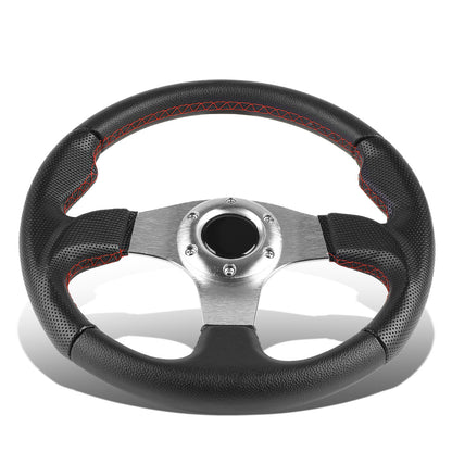 VOLANTE STEERING WHEEL - 320MM - PVC BLACK LEATHER - THUMB GRIPS - 6-BOLT - ALUMINUM - SILVER CENTER W/ RED STITCH