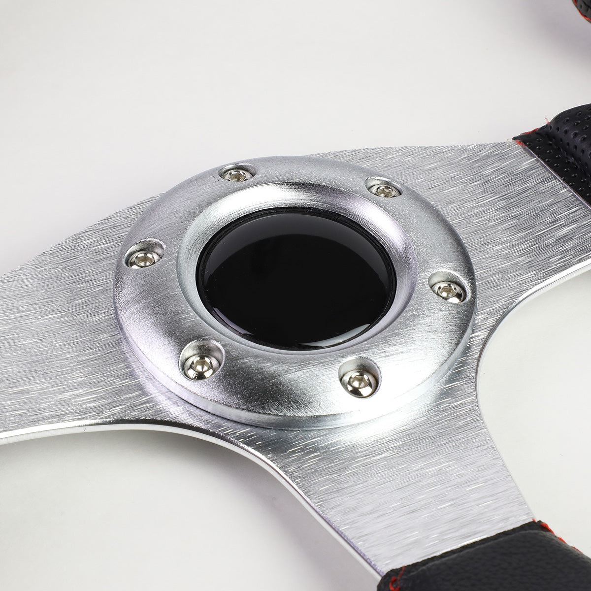 VOLANTE STEERING WHEEL - 320MM - PVC BLACK LEATHER - THUMB GRIPS - 6-BOLT - ALUMINUM - SILVER CENTER W/ RED STITCH