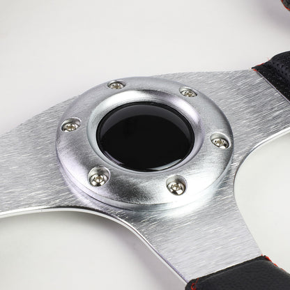 VOLANTE STEERING WHEEL - 320MM - PVC BLACK LEATHER - THUMB GRIPS - 6-BOLT - ALUMINUM - SILVER CENTER W/ RED STITCH