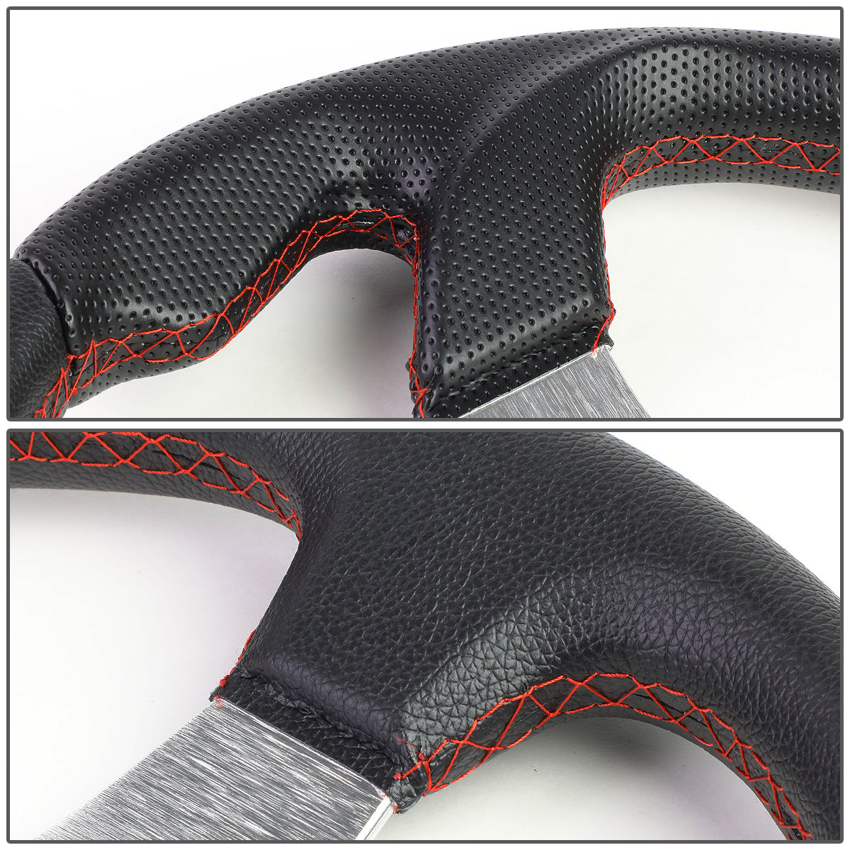 VOLANTE STEERING WHEEL - 320MM - PVC BLACK LEATHER - THUMB GRIPS - 6-BOLT - ALUMINUM - SILVER CENTER W/ RED STITCH