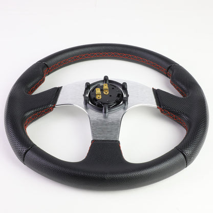 VOLANTE STEERING WHEEL - 320MM - PVC BLACK LEATHER - THUMB GRIPS - 6-BOLT - ALUMINUM - SILVER CENTER W/ RED STITCH