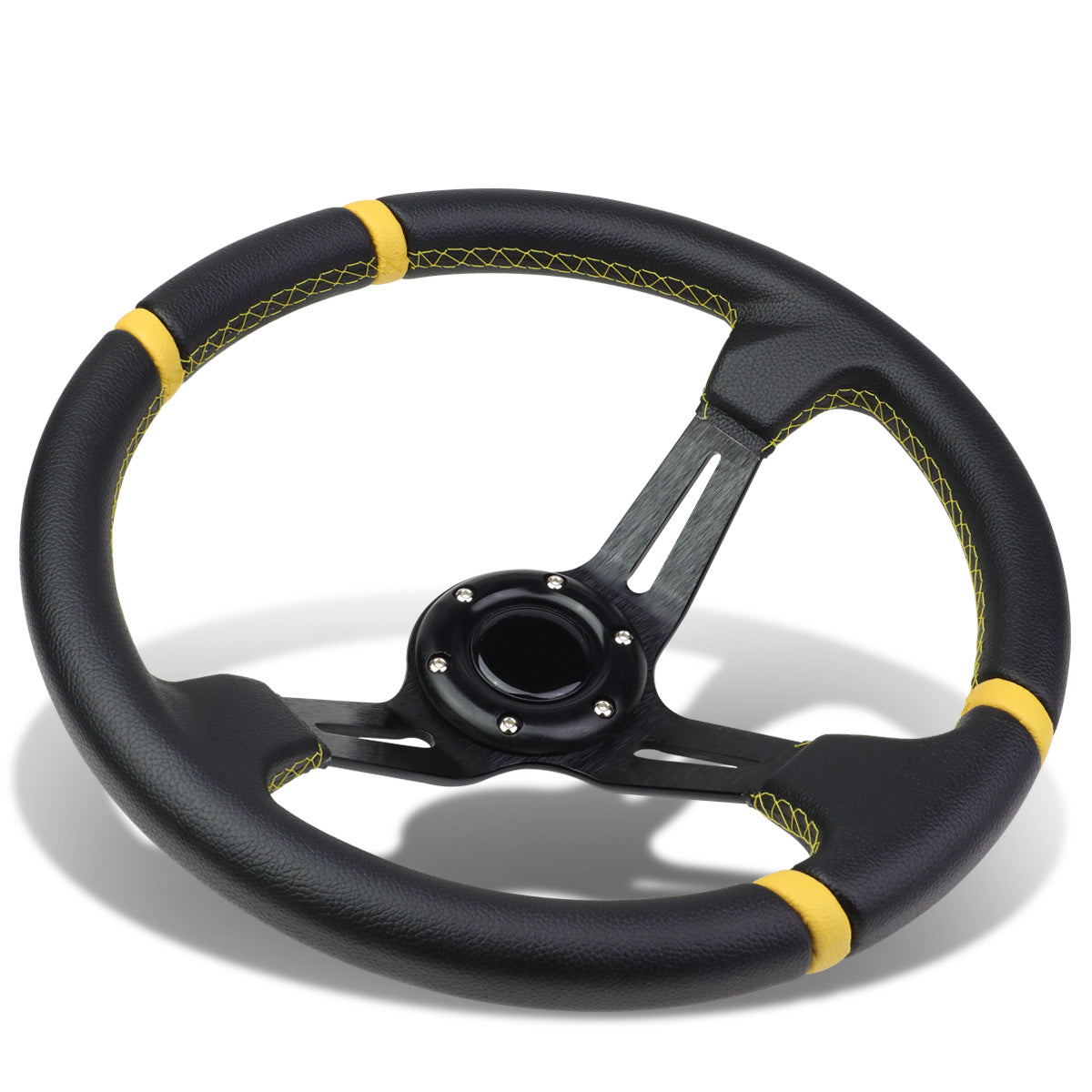 VOLANTE STEERING WHEEL - 350MM - PVC BLACK LEATHER - 6-BOLT - ALUMINUM - BLACK CENTER W/ 2 YELLOW STRIPES ON TOP & BOTTOM