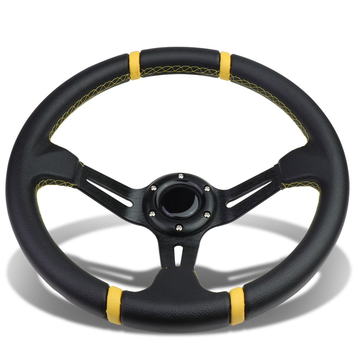 VOLANTE STEERING WHEEL - 350MM - PVC BLACK LEATHER - 6-BOLT - ALUMINUM - BLACK CENTER W/ 2 YELLOW STRIPES ON TOP & BOTTOM