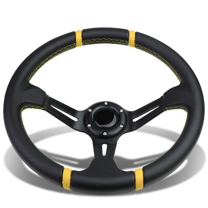 VOLANTE STEERING WHEEL - 350MM - PVC BLACK LEATHER - 6-BOLT - ALUMINUM - BLACK CENTER W/ 2 YELLOW STRIPES ON TOP & BOTTOM