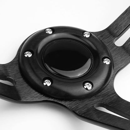 VOLANTE STEERING WHEEL - 350MM - PVC BLACK LEATHER - 6-BOLT - ALUMINUM - BLACK CENTER W/ 2 YELLOW STRIPES ON TOP & BOTTOM