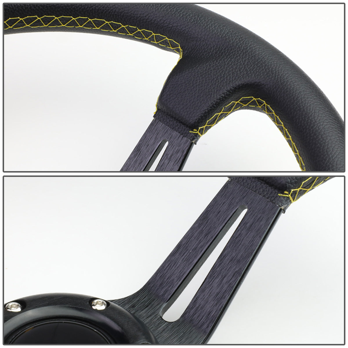 VOLANTE STEERING WHEEL - 350MM - PVC BLACK LEATHER - 6-BOLT - ALUMINUM - BLACK CENTER W/ 2 YELLOW STRIPES ON TOP & BOTTOM