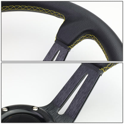 VOLANTE STEERING WHEEL - 350MM - PVC BLACK LEATHER - 6-BOLT - ALUMINUM - BLACK CENTER W/ 2 YELLOW STRIPES ON TOP & BOTTOM