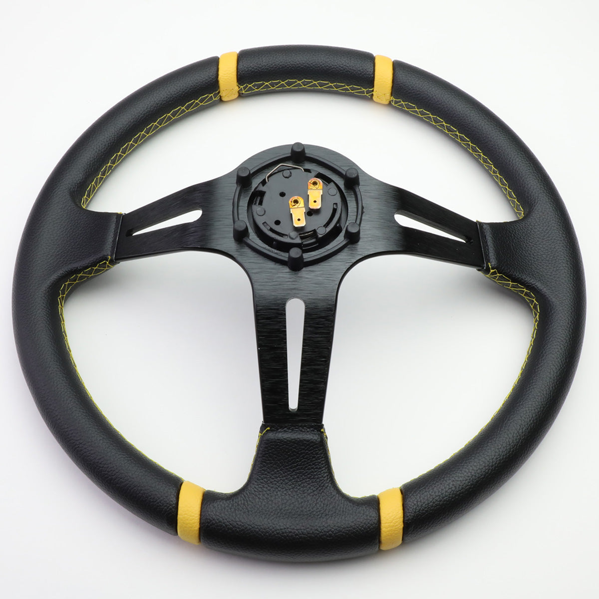 VOLANTE STEERING WHEEL - 350MM - PVC BLACK LEATHER - 6-BOLT - ALUMINUM - BLACK CENTER W/ 2 YELLOW STRIPES ON TOP & BOTTOM