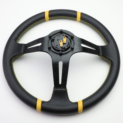 VOLANTE STEERING WHEEL - 350MM - PVC BLACK LEATHER - 6-BOLT - ALUMINUM - BLACK CENTER W/ 2 YELLOW STRIPES ON TOP & BOTTOM
