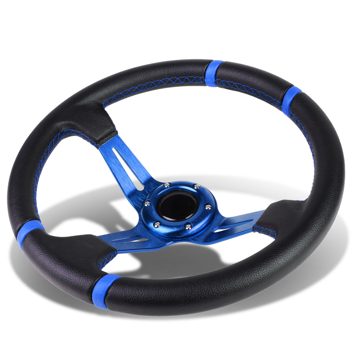 VOLANTE STEERING WHEEL - 350MM - PVC BLACK LEATHER - 6-BOLT - ALUMINUM - BLUE CENTER W/ 2 BLUE STRIPES ON TOP & BOTTOM