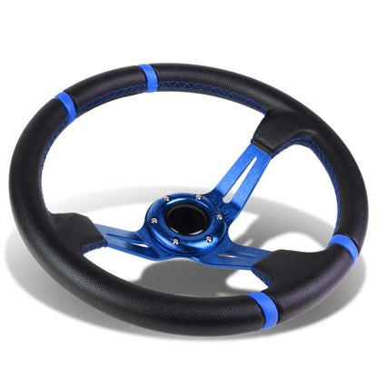 VOLANTE STEERING WHEEL - 350MM - PVC BLACK LEATHER - 6-BOLT - ALUMINUM - BLUE CENTER W/ 2 BLUE STRIPES ON TOP & BOTTOM