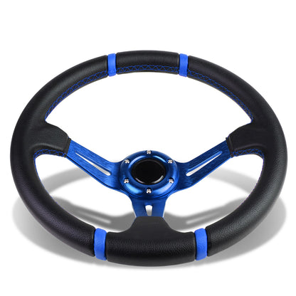VOLANTE STEERING WHEEL - 350MM - PVC BLACK LEATHER - 6-BOLT - ALUMINUM - BLUE CENTER W/ 2 BLUE STRIPES ON TOP & BOTTOM