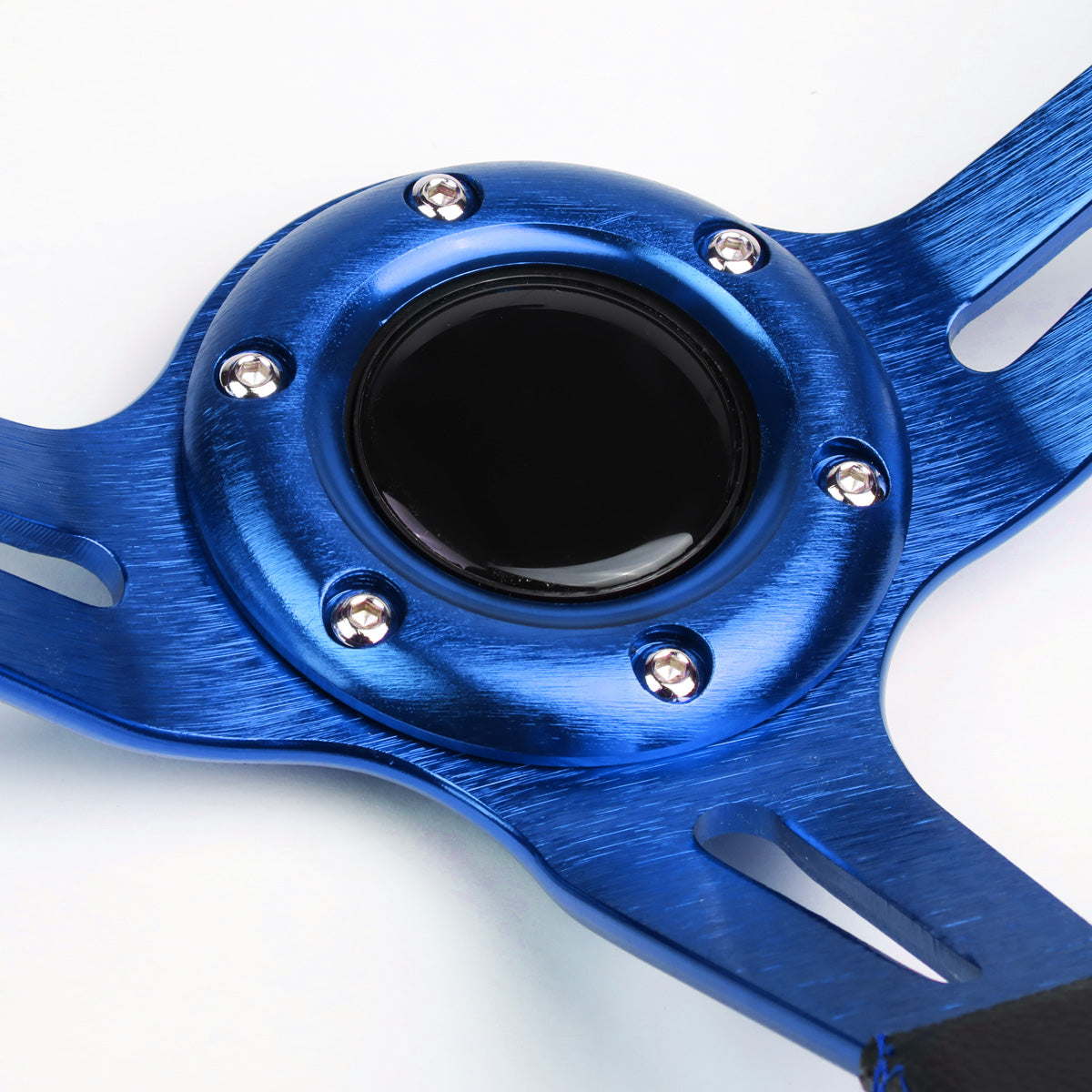 VOLANTE STEERING WHEEL - 350MM - PVC BLACK LEATHER - 6-BOLT - ALUMINUM - BLUE CENTER W/ 2 BLUE STRIPES ON TOP & BOTTOM