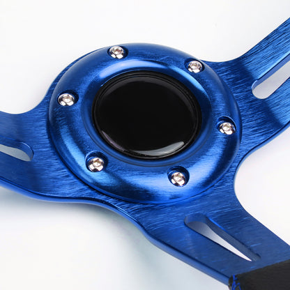 VOLANTE STEERING WHEEL - 350MM - PVC BLACK LEATHER - 6-BOLT - ALUMINUM - BLUE CENTER W/ 2 BLUE STRIPES ON TOP & BOTTOM